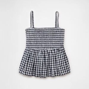 American Eagle Gingham Smocked Babydoll Cami Peplum Top - Black and White Size M